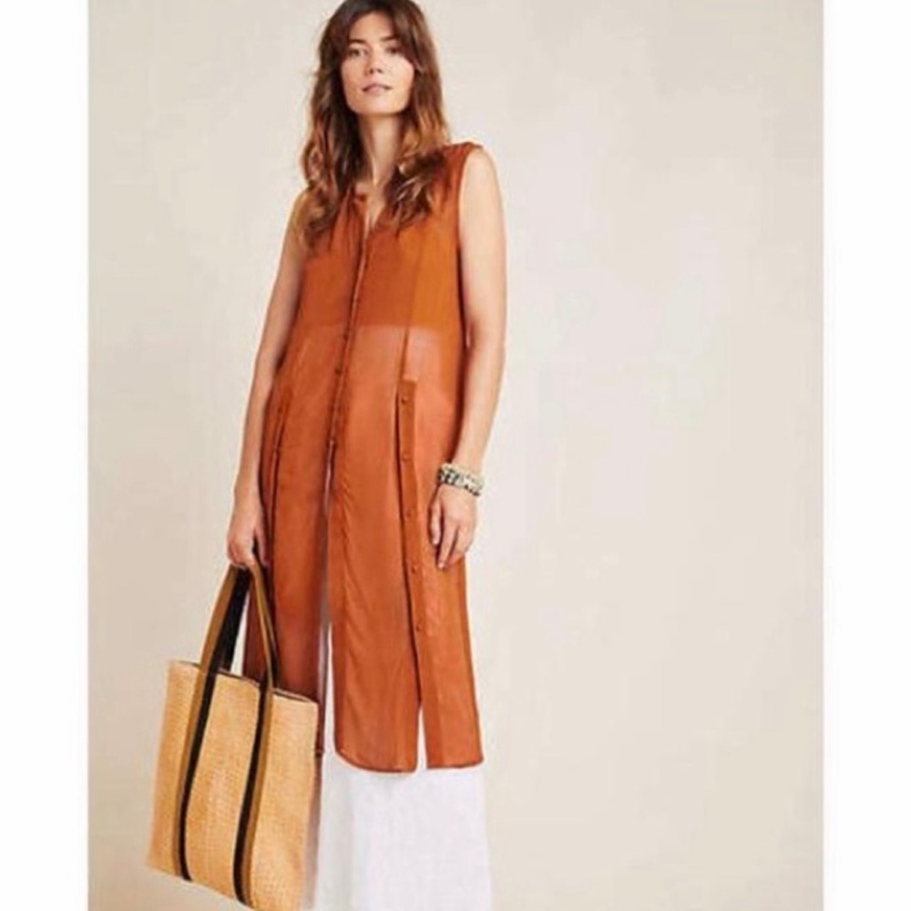 Maeve Anthropologie Meriwether 70’s Boho Hippie Rust Hue Sheer Button Down Top